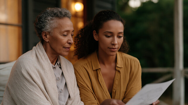A queer elder in their 70s shares a hand-drawn family tree with a young mixed-race journalist, both seated on a porch during golden hour, authentic intergenerational storytelling,