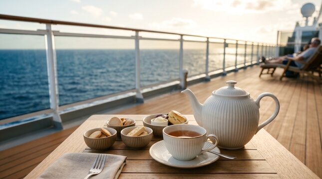 A serene breakfast setting on a cruise ship deck with a teapot and biscuits overlooking the ocean at sunrise or sunset