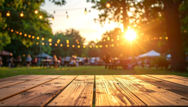 Sunlit picnic tables glow under string lights