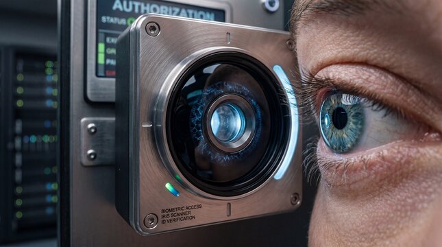 Close-up of a human eye with a camera lens superimposed over it