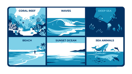 Ocean and marine life vector illustration set featuring coral reef waves deep sea beach sunset and sea animals panels © Iqbal