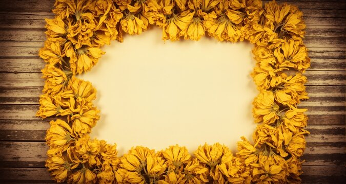 Dry yellow flowers forming a frame on a vintage wooden background, retro style (with copy space in the center for your text)
