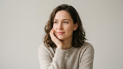 Obraz premium Portrait of a smiling young woman resting her chin on her hand, looking aside with a pensive expression against a solid grey background