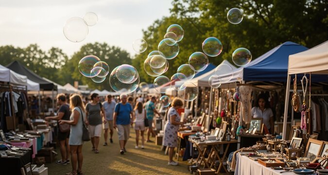 Soap bubbles floating in the air at a summer flea market

