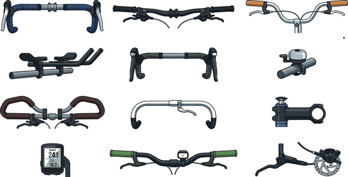 Comprehensive set of various bicycle handlebars and cycling computer components for athletes