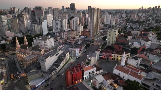 Downtown Curitiba, Paran&aacute;. Aerial view at sunset.