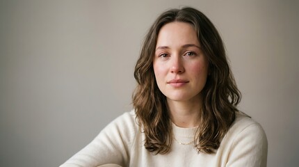 Fototapeta premium Portrait of a sad young woman with teary eyes crying silently, looking directly at the camera against a grey background