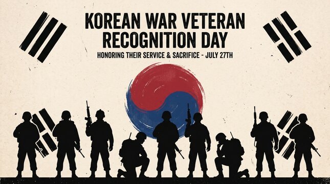 Korean War Veteran Recognition Day poster, military soldier silhouettes with South Korea flag, honoring service and sacrifice on July 27th