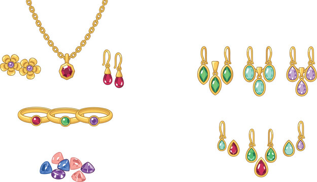 Luxury gold jewelry vector icon set containing gemstone necklaces earrings rings pendants loose diamonds ruby emerald and sapphire crystals for fashion retail branding