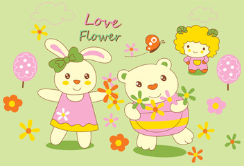 Naklejka premium Happy animal friends bunny, bear, and sheep playing in a beautiful spring flower field, screen print vector for kids