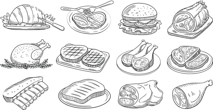 Meat and protein food collection vector illustration, butcher cuts and cooked dishes isolated set