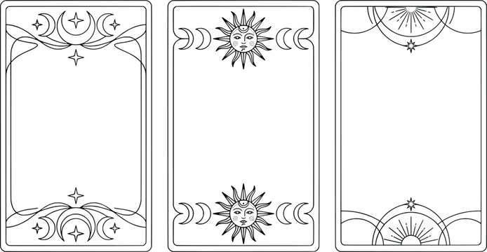 Set of tarot card frames with celestial elements, moon phases, sun and stars mystical and esoteric vector illustration for oracle card design