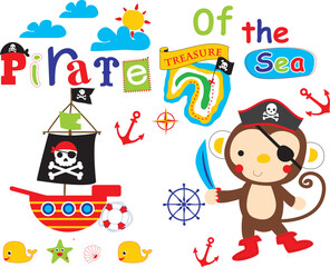 Fototapeta premium Funny cartoon monkey wearing a pirate hat holding a spyglass, nautical sailing adventure vector for boys t-shirt