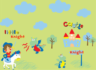 Naklejka premium Brave little cartoon knight guarding a fairytale castle from a friendly dragon, cute storybook vector for boys apparel