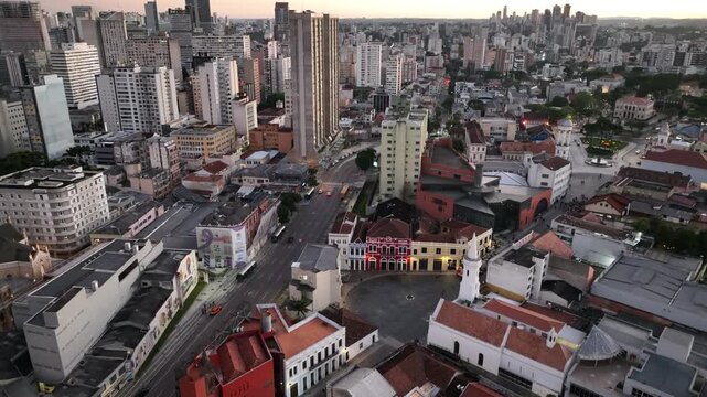 Downtown Curitiba, Paran&aacute;. Aerial view at sunset.