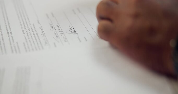 Hands, signature and person writing with paperwork, application or compliance form for loan. Approval, contract and finance agreement with document, banking membership and legal notary for title deed