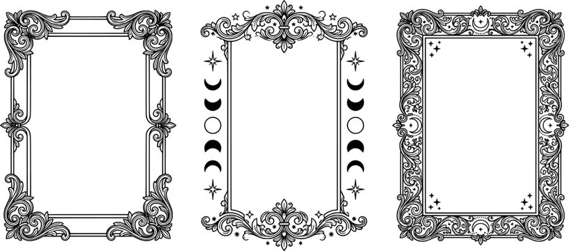 Set of vintage baroque ornate frames with celestial elements, moon phases, and stars decorative rectangular borders for invitations or cards