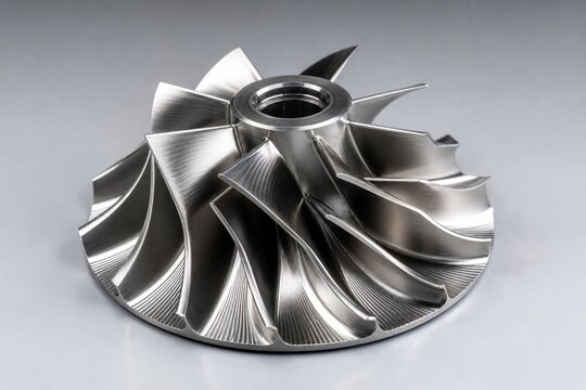 impeller. Stainless steel impeller with metallic reflections under industrial lighting. safety posters, maintenance manuals, designed for precision metalworking and fabrication facilities.