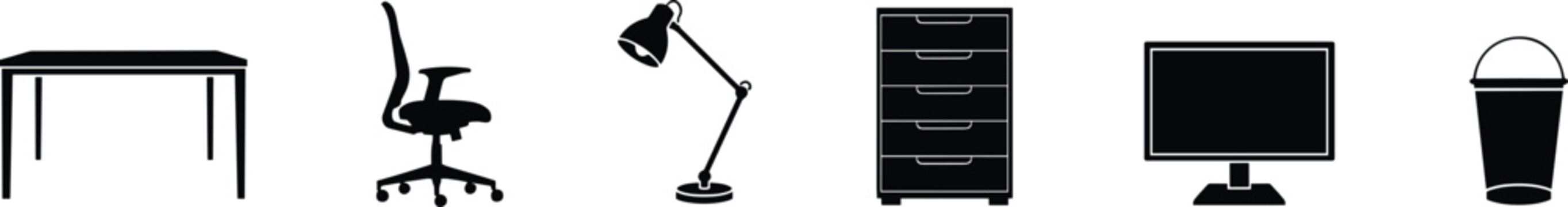 Office workspace furniture and desk accessories silhouette vector icon set containing table swivel chair adjustable lamp filing cabinet monitor and trash bin