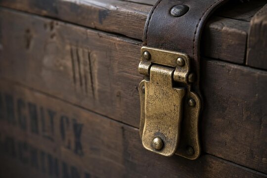 hasp. A heavy brass hasp fastened on the leather strap of an aged wooden crate. real-estate listings, architecture portfolios, designed for interior renovation comparisons for interiors.