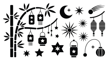 Detailed set of bamboo plants with hanging lanterns stars moon and comets graphic icons. © SabitaRani