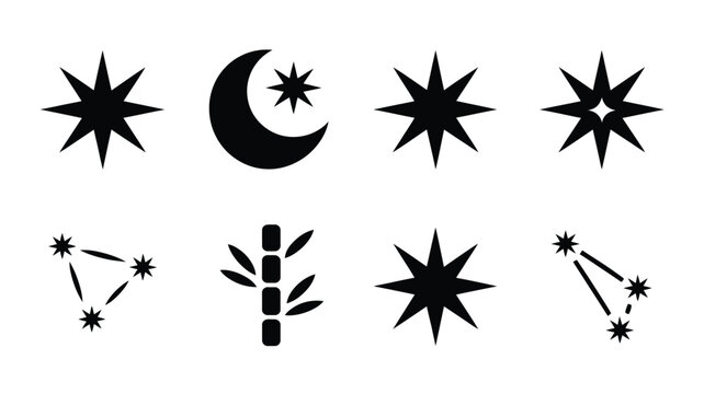 Set of starry sky celestial elements with moon phases and bamboo branch vector symbols.