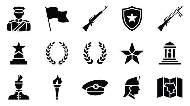 Military and patriotic themed icons including soldiers flags rifles shields and statues.