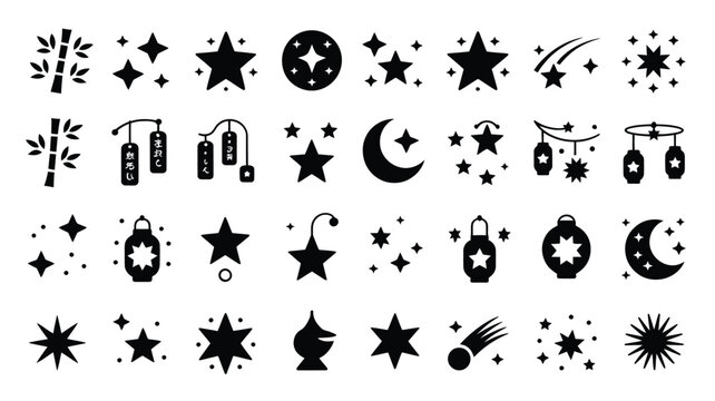 Bamboo branches and stars celestial pattern with paper lanterns and moon.