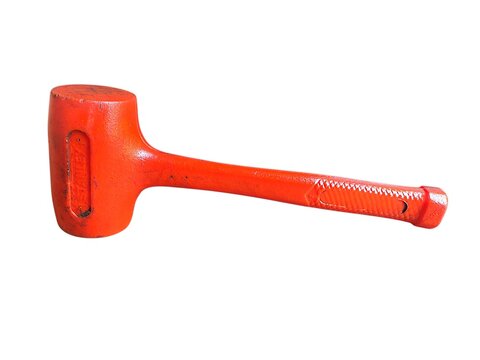 An orange polyurethane dead blow mallet hammer tool for automotive and mechanical work isolated on white background.