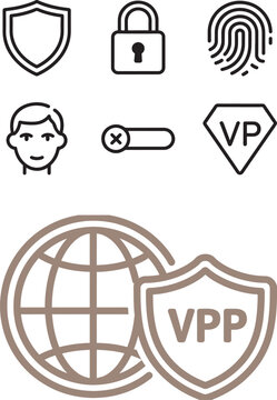 Cyber security and privacy protection vector icon set featuring shield padlock fingerprint user profile toggle switch and globe with vpp shield
