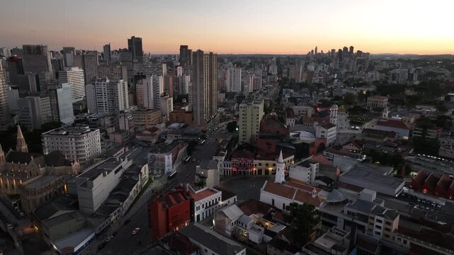 Downtown Curitiba, Paran&aacute;. Aerial view at sunset.