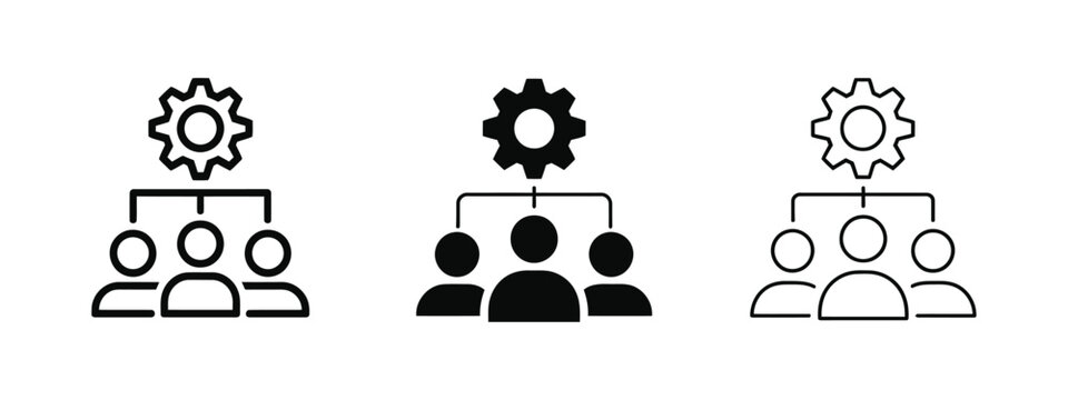 Team management and workforce operation icon set featuring gear symbols, employee coordination and organizational workflow concepts.