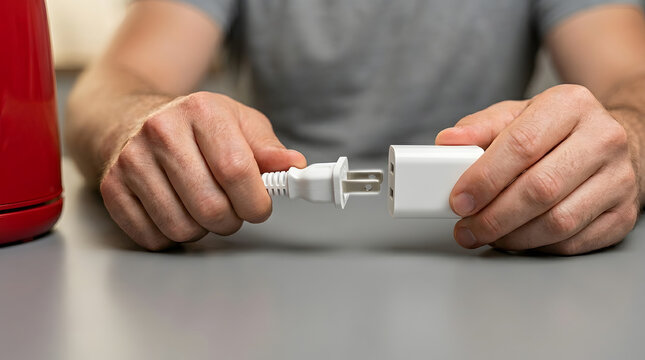 Hands holding incompatible electrical plug isolated on transparent background