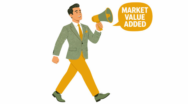Businessman announcing market value added with megaphone.