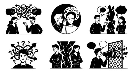 Fototapeta premium Collection of six black and white vector illustrations showing interpersonal relationship conflicts and communication barriers between people in daily life