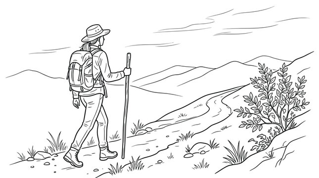 Adobe Illustrator Young female hiker wearing a wide brimmed hat and carrying a large backpack while walking up a rocky mountain trail with a wooden walking stick captured in a simple black line art on