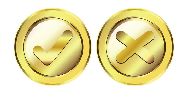 Gold checkmark and cross button icons set. Circular golden symbols with right and wrong signs, approval and rejection buttons, yes or no interface elements for app, web design, voting and verification