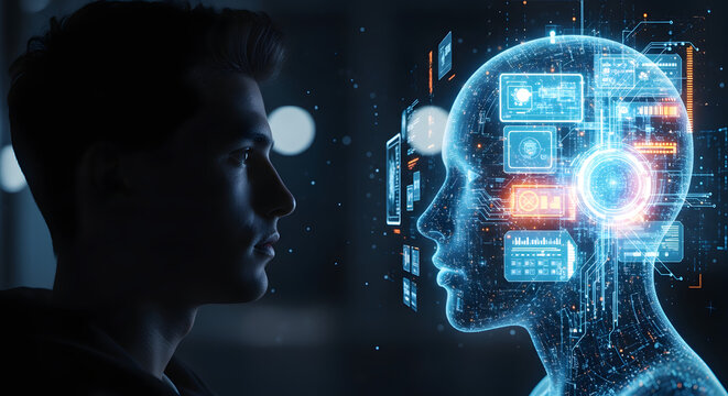 Man Facing Futuristic Ai Head with Digital Data