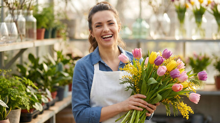 Fototapeta premium Smiling Caucasian female florist holding a vibrant bouquet of tulips and yellow flowers inside a greenhouse filled with various plants and pots in the background