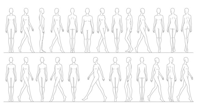 Vector illustration of various female figure illustrations in different poses and walking