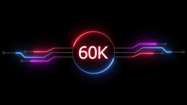 Neon social media followers or subscribers. Neon 60K celebration text animation background. on a black background. and creating a stunning 4k video.