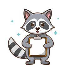 Obraz premium Cute cartoon raccoon holding a clipboard