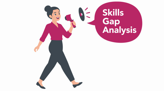 Woman with megaphone announcing skills gap analysis.