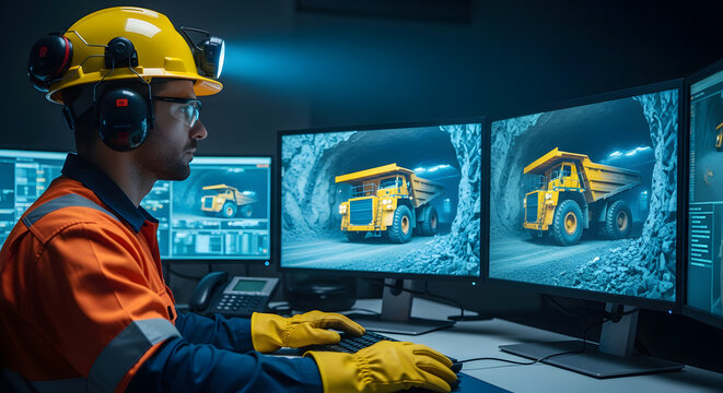 Mining Engineer Monitors Haul Trucks on Screens