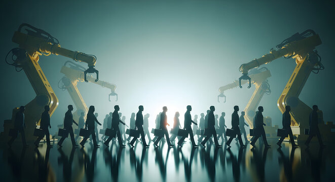 Robots Oversee Business People Walking in Futuristic Cityscape