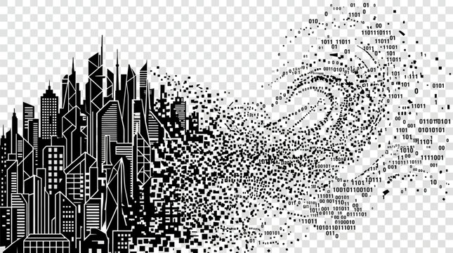 Modern city skyline merging with digital binary code and futuristic abstract design for tech innovation concept