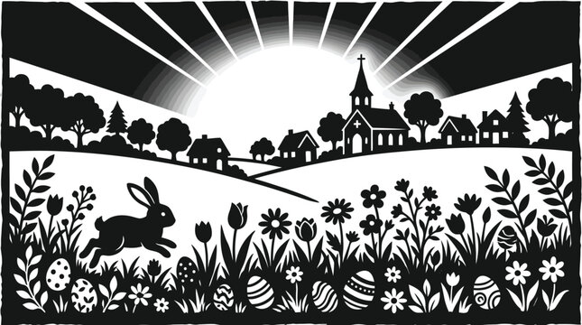 Charming black and white vector illustration featuring an easter bunny jumping through a field of spring flowers with decorated eggs and a quaint village church silhouette under a radiant sun.
