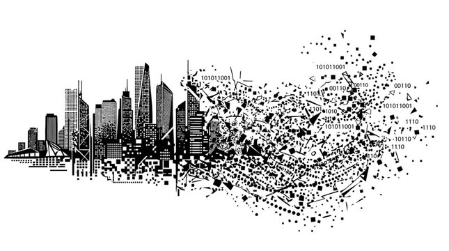 Modern city skyline explodes into digital binary code chaos representing innovation