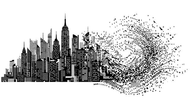 Modern city skyline merging with abstract binary code and geometric patterns for futuristic technology illustration