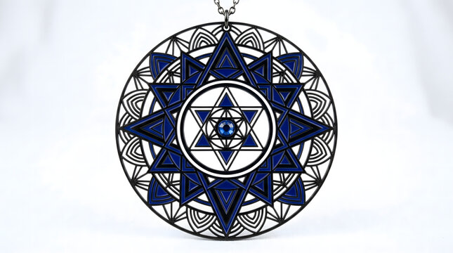 Blue-and-black sacred mandala geometry vector illustration, geometric protective amulet featuring a star symbol on a white background. AI generated.